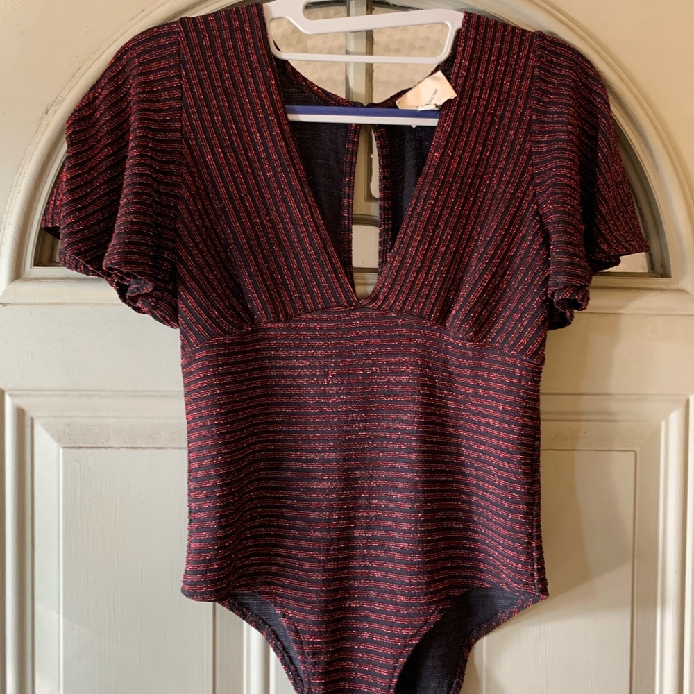 I. Madeline Sparkly Red Flutter Sleeve Bodysuit